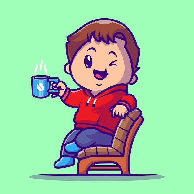 Netter junge trinken heißen kaffee auf stuhl-karikatur-vektor-icon-illustration. menschen und trinken objekt symbol konzept isoliert premium-vektoren. flacher cartoon-stil