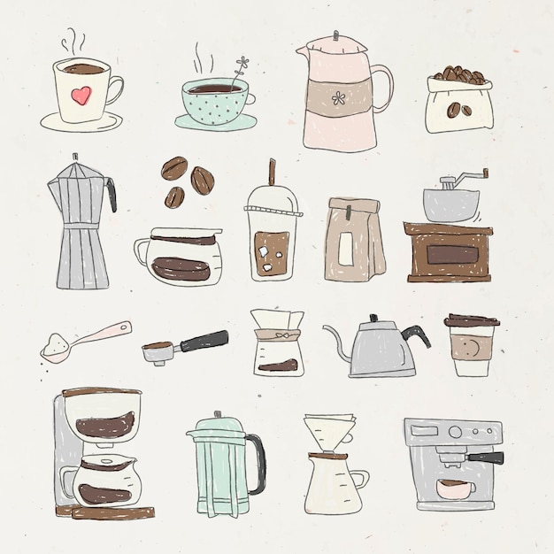 Kostenloser Vektor netter kaffee-doodle-design-element-set