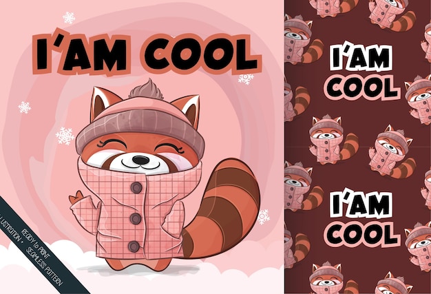 Netter kleiner roter panda glücklich auf der schneeillustration illustration und mustersatz