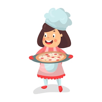 Netter lächelnder kleiner mädchenkochcharakter der karikatur, der eine pizza in einem kochenden behältervektorillustration lokalisiert auf einem weißen hintergrund hält