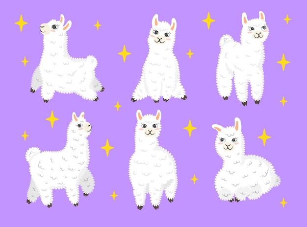 Netter lama-cartoon-illustrationssatz. weiße baby-lamas in verschiedenen posen und emotionen auf lila