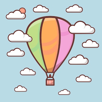 Netter luftballon mit umriss im himmel mit wolkenkinderillustration vector