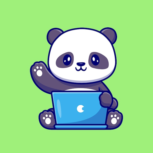 Kostenloser Vektor netter panda, der an laptop-karikatur-vektor-symbol-illustration arbeitet. tiertechnologie-symbol-konzept isoliert premium-vektor. flacher cartoon-stil