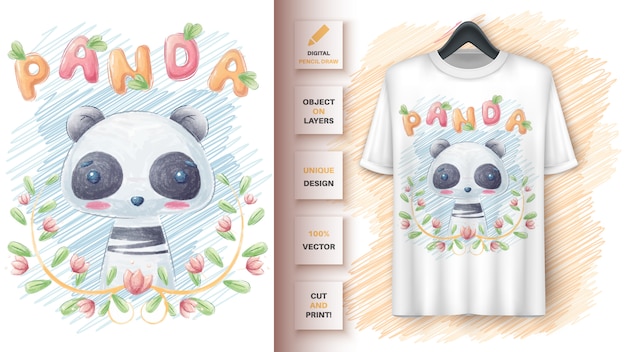 Kostenloser Vektor netter panda im blattplakat und im merchandising