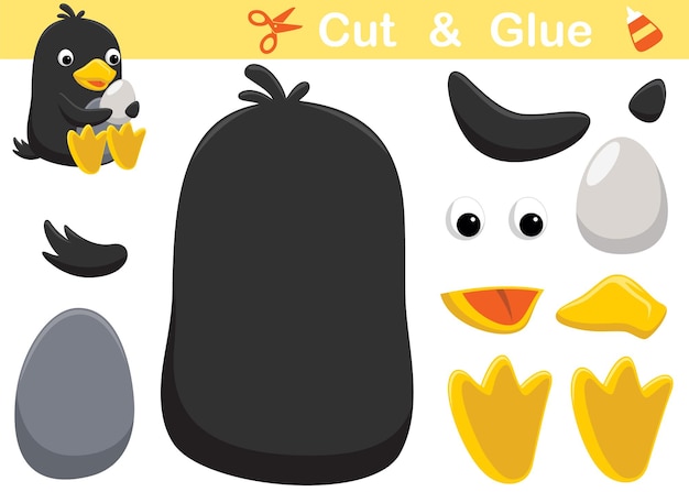 Netter pinguin-cartoon, der sein ei hält. bildungspapierspiel für kinder. ausschneiden und kleben