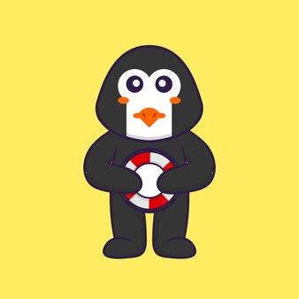 Netter pinguin, der eine boje hält tierkarikaturkonzept isoliert