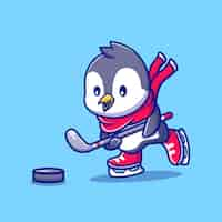 Kostenloser Vektor netter pinguin, der hockey-cartoon-figur spielt. tiersport isoliert.