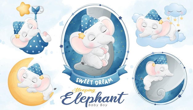 Netter schlafender elefantenbaby mit aquarell Premium Vektoren