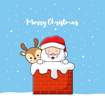Netter weihnachtsmann und rotwild, die frohe weihnachten und ein glückliches neues jahrkarikaturgekritzelkartenhintergrundillustration flache karikaturart grüßen