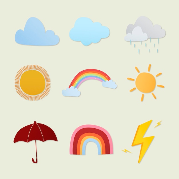 Netter wetteraufkleber, bunter clipart-vektorsatz