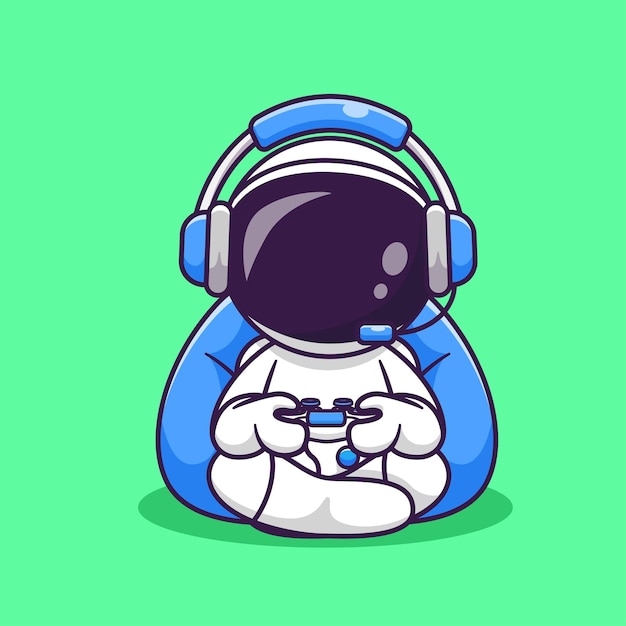 Kostenloser Vektor nettes astronauten-gaming mit joystick und kopfhörer-cartoon-vektor-symbol-illustration, wissenschafts-techno
