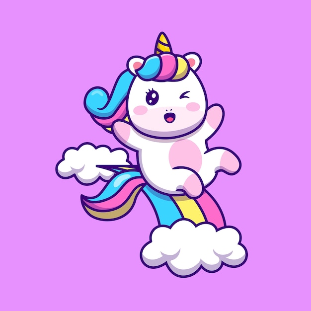 Nettes Einhorn, das auf Regenbogen-Karikatur-Vektor-Illustration gleitet. Tierfantasie-Konzept-isolierter Vektor. Flacher Cartoon-Stil