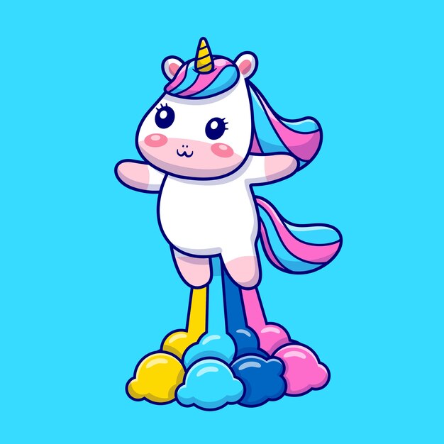 Nettes Einhorn, das mit Regenbogen-Karikatur-Symbol-Illustration fliegt.