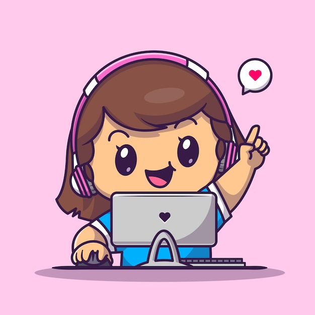 Kostenloser Vektor nettes gamer-mädchen, das computer-cartoon-vektor-icon-illustration spielt. menschen-technologie-symbol-konzept isoliert premium-vektor. flacher cartoon-stil