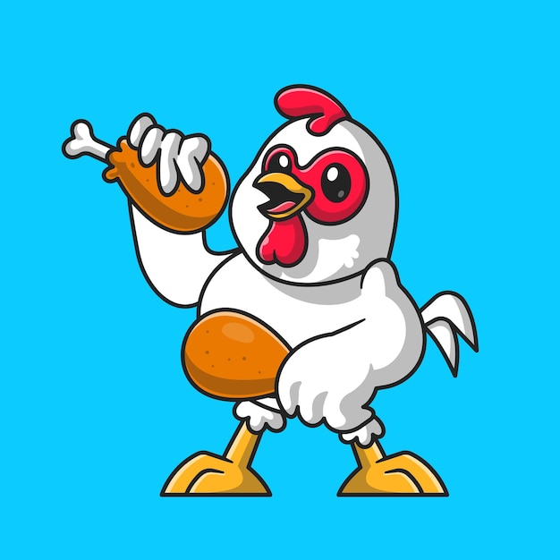 Nettes huhn, das gebratenes huhn-karikatur-vektor-symbol-illustration hält. tiernahrung symbol konzept isoliert premium-vektor. flacher cartoon-stil