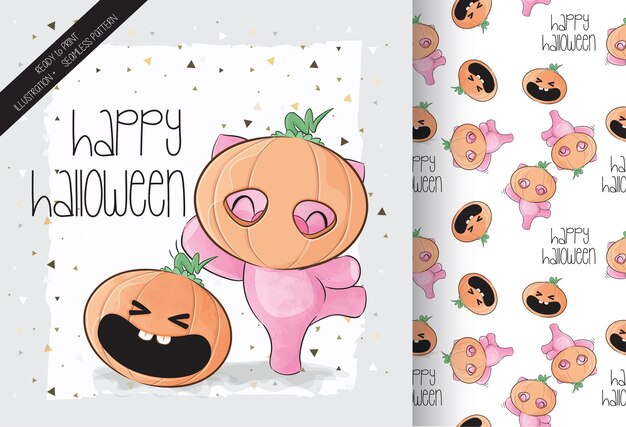 Nettes kleines Schwein mit Kürbis glückliches Halloween mit nahtlosem Muster