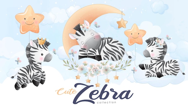 Kostenloser Vektor nettes kleines zebra mit aquarellillustrationssatz