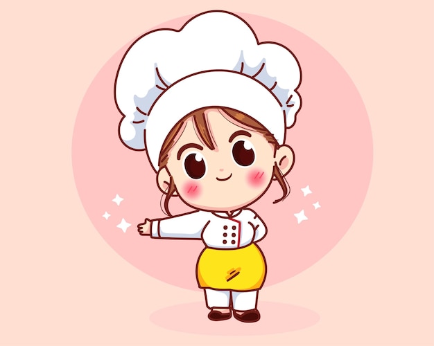 Nettes Kochmädchen, das in der Uniform lächelt, die seine Gastkarikaturkunstillustration begrüßt und einlädt