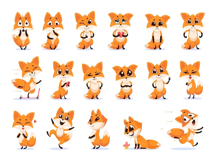 Kostenlose Vektor nettes lustiges emotionales fuchs-set. karikaturillustration