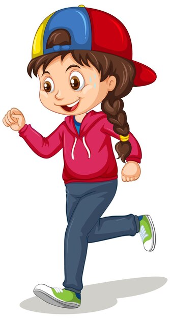 Nettes Mädchen, das isolierte Laufübungen-Cartoon-Figur macht