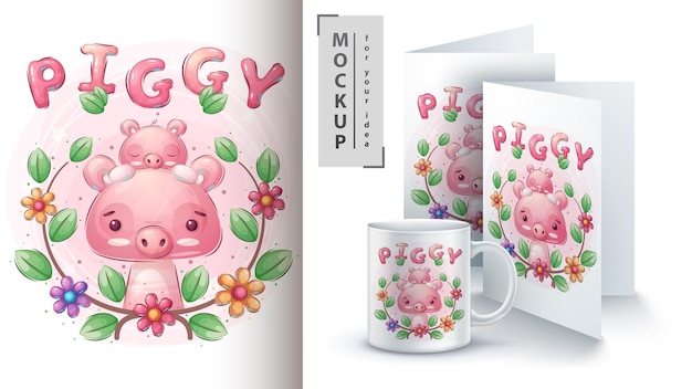 Kostenloser Vektor nettes schwein mit baby merchandising.