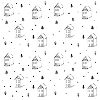 Nettes weihnachtsmuster mit häusern und bäumen vektornahtloses muster im skandinavischen stil