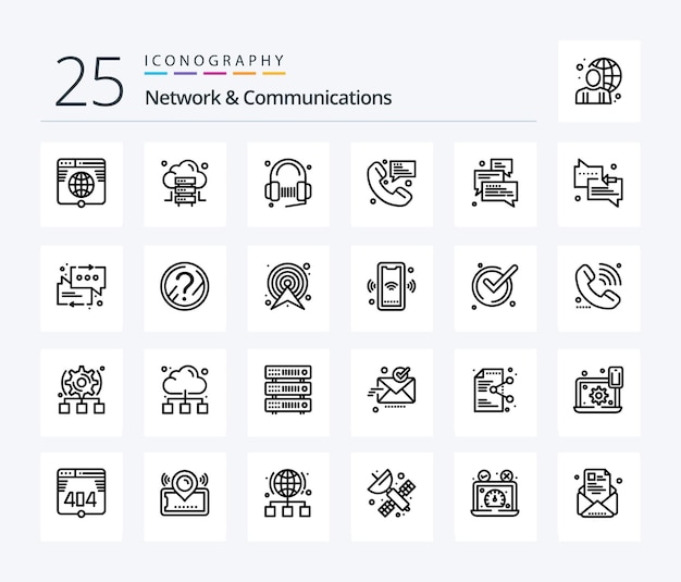 Network And Communications 25-Zeilen-Icon-Pack, einschließlich Messaging-Nachricht mit Kundenkontakt-Song