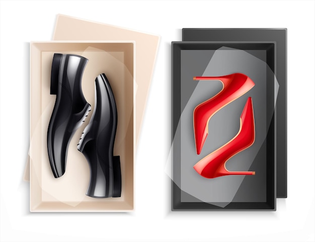 Kostenloser Vektor neue männer-frauen-schuhe in schuhkartons realistische reihe von formalen schwarzen und roten high heels illustration