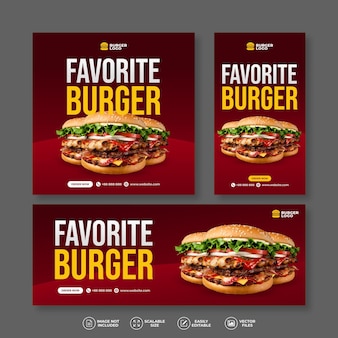Neues lieblings-köstliches burger-lebensmittel restaurant frisches köstliches burger-banner-bundle-set für social media post und instagram story kostenlose menü-werbevorlage vector