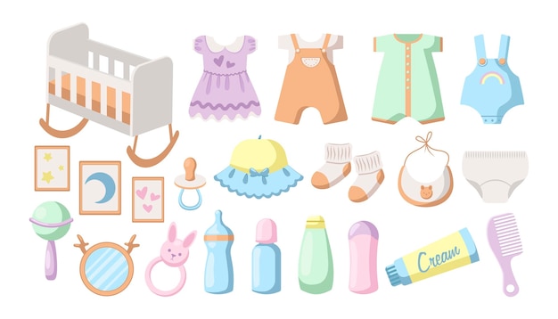 Kostenloser Vektor neugeborene babykleidung und möbelkarikaturillustrationssatz. sammlung von mädchenkleid, socken, lätzchen, schnuller, kamm, spielzeug, bodysuit, kinderbett oder babybett. kindheit, mutterschaft, gruß, geburtstagskonzept