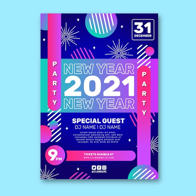 Neujahr 2021 party flyer vorlage in flachem design