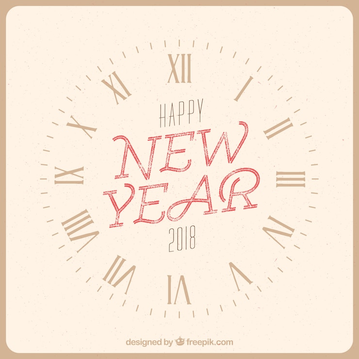 Kostenlose Vektor neujahr jahrgang hintergrund mit einer uhr