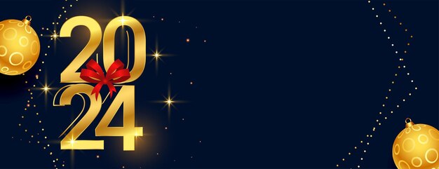Neujahrsbanner mit goldenen Buchstaben im Jahr 2024 mit Weihnachtsball und Bandvektor
