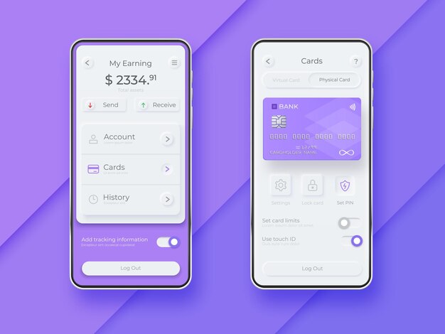 Neumorphes ui-kit auf dem smartphone-bildschirm. vorlage für mobile zahlungen für smartphones ...