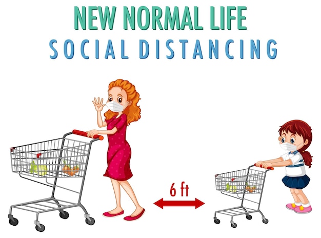 New normal life mit einer frau und einem mädchen, die einkaufswagen schieben