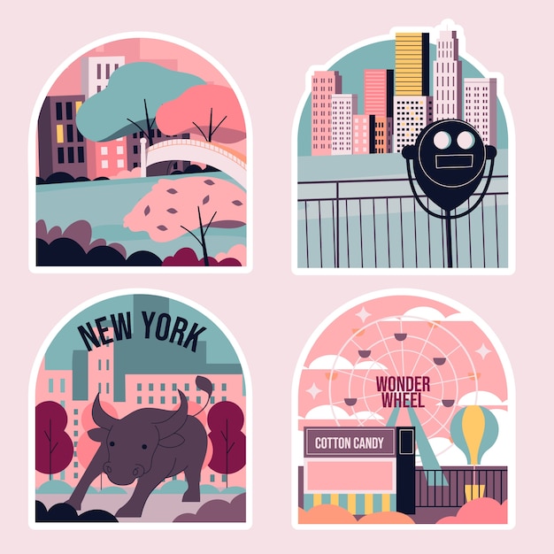 New york city-aufkleberset im flachen design