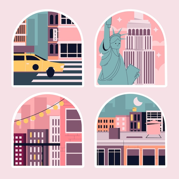 New york city-aufkleberset im flachen design