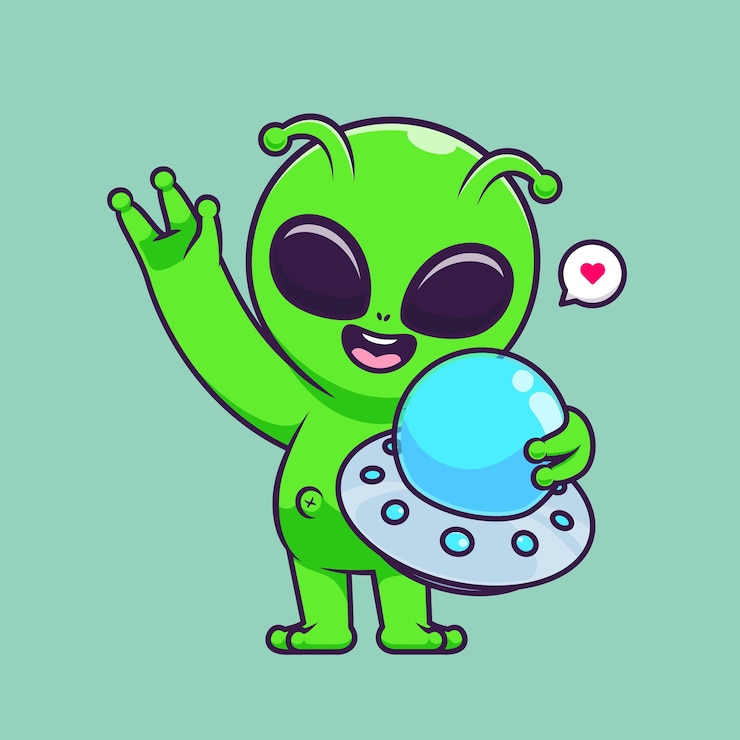 Kostenlose Vektor niedlich, alien, halten, ufo, karikatur, vektor, symbol, illustration. wissenschaft, technologie, symbol, begriff, isolated