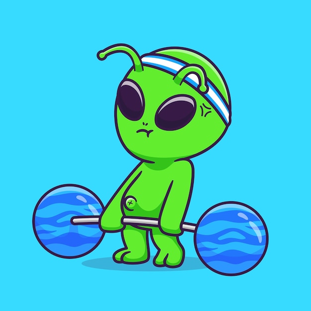 Niedlich, Alien, Heben, Planet, Langhantel, Karikatur, Vektor, Symbol, Abbildung, Wissenschaft, Sport, Symbol, Isolated