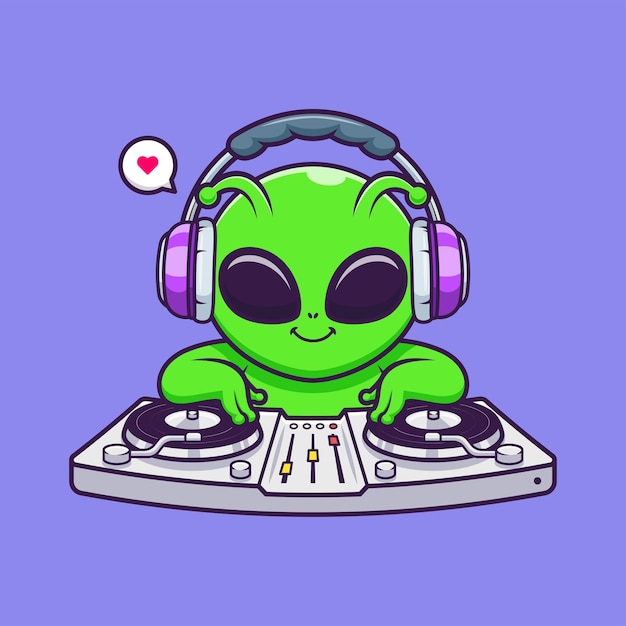 Kostenloser Vektor niedlich, alien, spielen, dj, elektronische musik, mit, kopfhörer, karikatur, vektor, symbol, abbildung, wissenschaft, flat