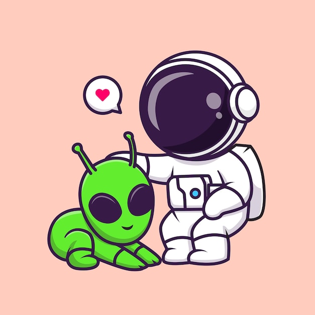 Niedlich, astronaut, füttern, alien, karikatur, vektor, symbol, abbildung, wissenschaft, technologie, symbol, freigestellt, flat