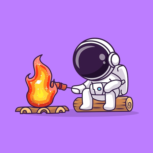 Kostenloser Vektor niedlich, astronaut, grill, marshmallow, auf, weltraum, feuer, karikatur, vektor, symbol, illustration. wissenschaft essen symbol