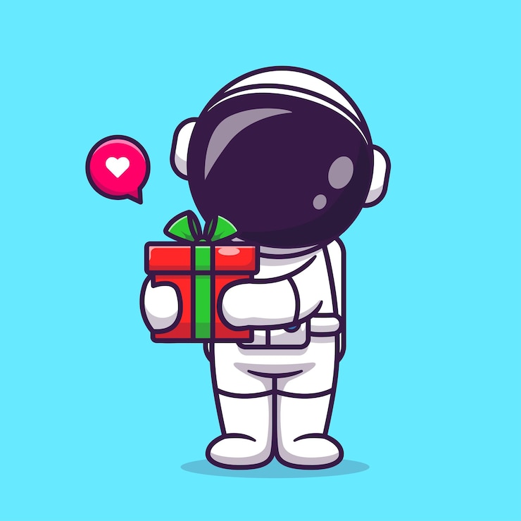 Kostenlose Vektor niedlich, astronaut, halten, geschenkbox, karikatur, vektor, symbol, illustration. wissenschafts-feiertags-ikonen-konzept lokalisierter erstklassiger vektor. flacher cartoon-stil