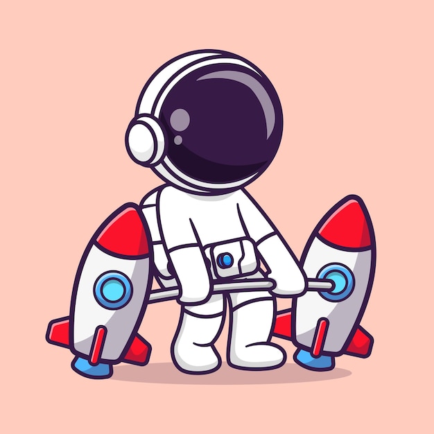 Kostenloser Vektor niedlich, astronaut, heben, rakete, langhantel, karikatur, vektor, symbol, abbildung, wissenschaft, sport, symbol, isolated