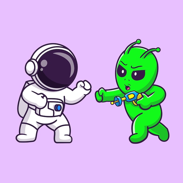 Niedlich, astronaut, kämpfen, mit, alien, karikatur, vektor, symbol, abbildung, wissenschaft, technologie, freigestellt, flat