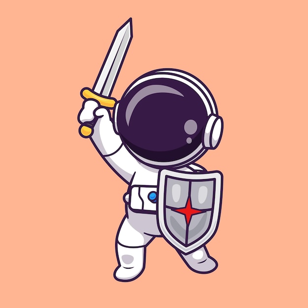 Kostenloser Vektor niedlich, astronaut, krieger, halten, schwert, und, schild, karikatur, vektor, symbol, illustration. wissenschaftstechnologie