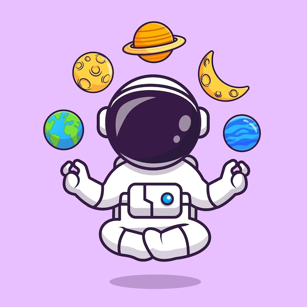 Niedlich, astronaut, meditation, yoga, mit, moon,, erde, und, planet, karikatur, vektor, symbol, illustration. wissenschaft