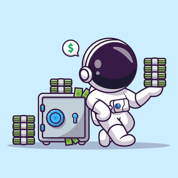 Kostenloser Vektor niedlich, astronaut, mit, geld, und, schließfach, karikatur, vektor, symbol, abbildung, wissenschaft, finanzen, icon