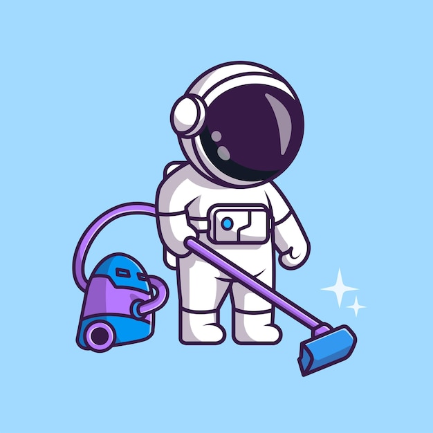 Kostenloser Vektor niedlich, astronaut, putzen, mit, staubsauger, karikatur, vektor, symbol, abbildung, wissenschaft, gesund, flat