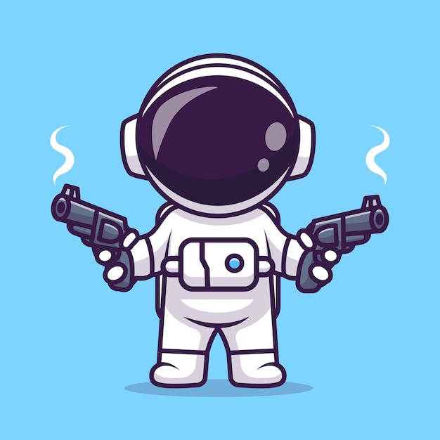 Kostenloser Vektor niedlich, astronaut, schießen, mit, gewehr, pistole, karikatur, vektor, symbol, abbildung, wissenschaft, technologie, symbol